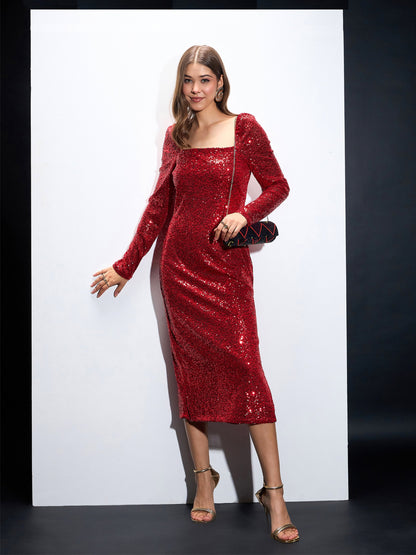 Red Sequin Square Neck Midi Dress