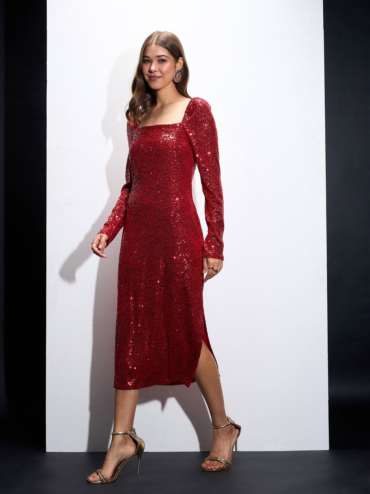 Red Sequin Square Neck Midi Dress