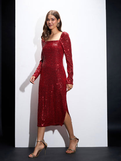 Red Sequin Square Neck Midi Dress