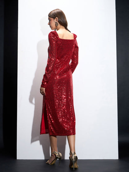 Red Sequin Square Neck Midi Dress