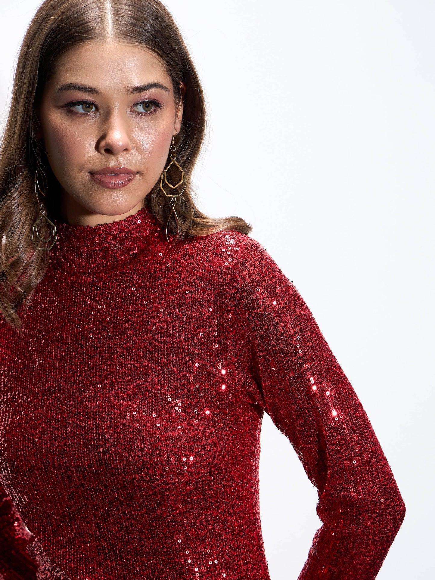 Red Sequin High Neck Midi Dress