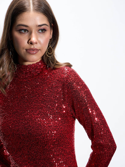 Red Sequin High Neck Midi Dress