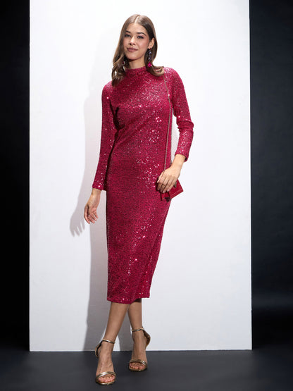Fuchsia Sequin High Neck Midi Dress