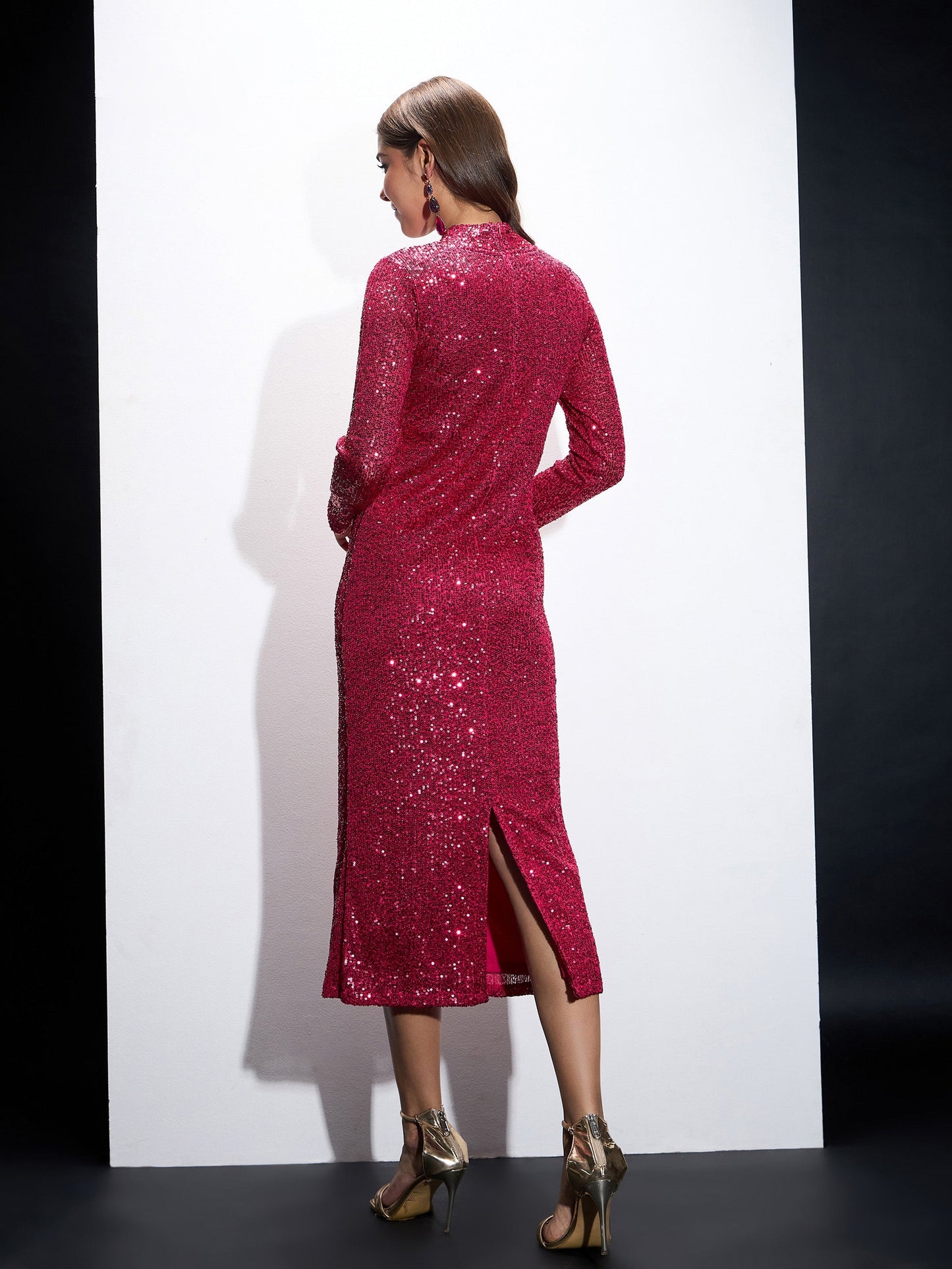 Fuchsia Sequin High Neck Midi Dress