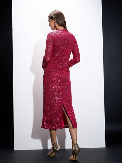 Fuchsia Sequin High Neck Midi Dress