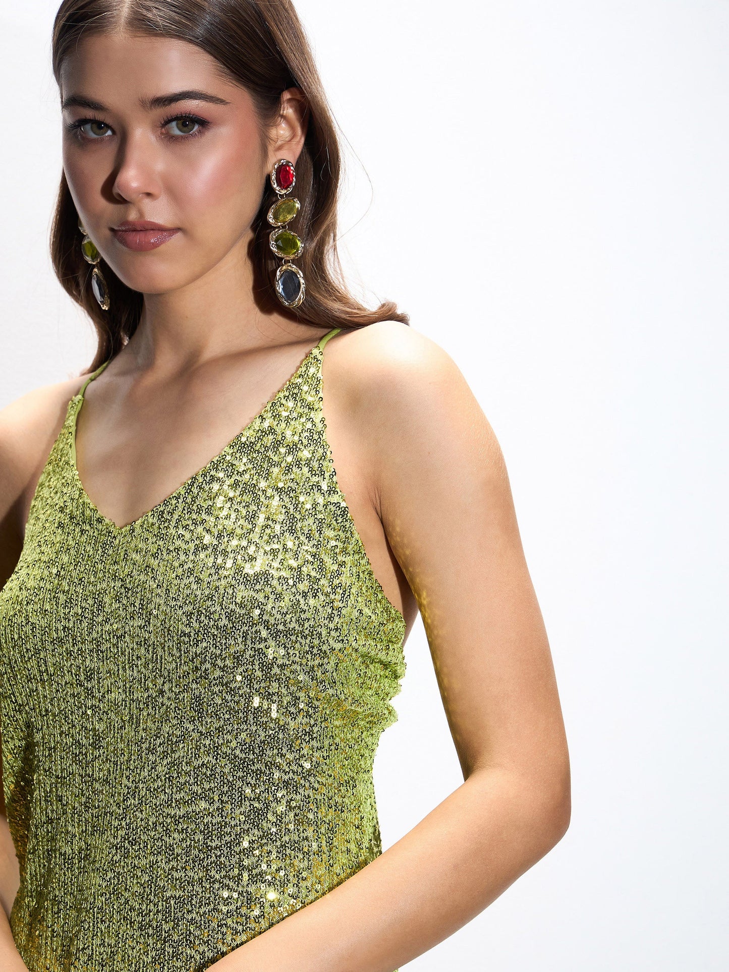 Green Sequin Strappy Maxi Dress
