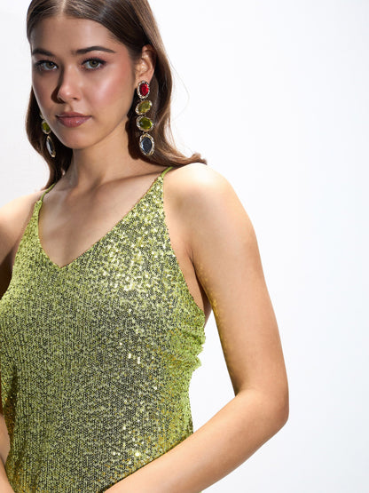 Green Sequin Strappy Maxi Dress