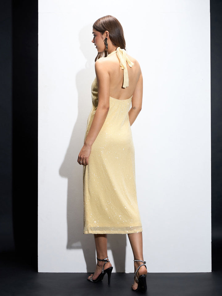 Women Yellow Sequin Halter Neck Short Dress