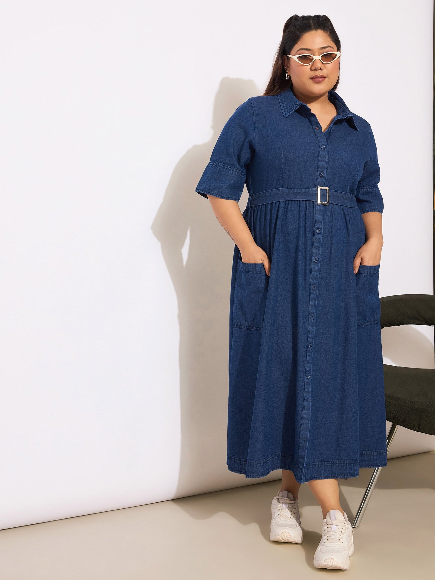Plus size women's Navy Tencel Navy Tencel Front Button Midi Dress by Sassafras Curve for wholesale buyers, boutiques, resellers and bulk orders from