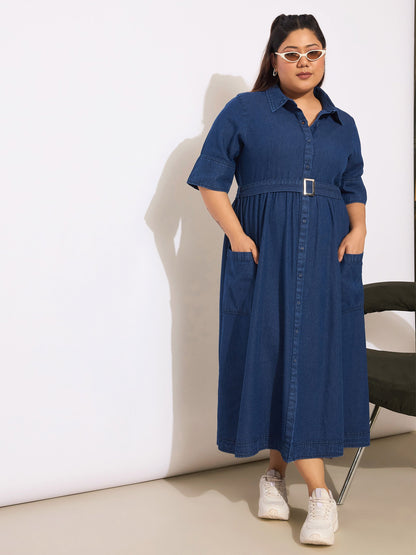 Plus size women's Navy Tencel Navy Tencel Front Button Midi Dress by Sassafras Curve for wholesale buyers, boutiques, resellers and bulk orders from