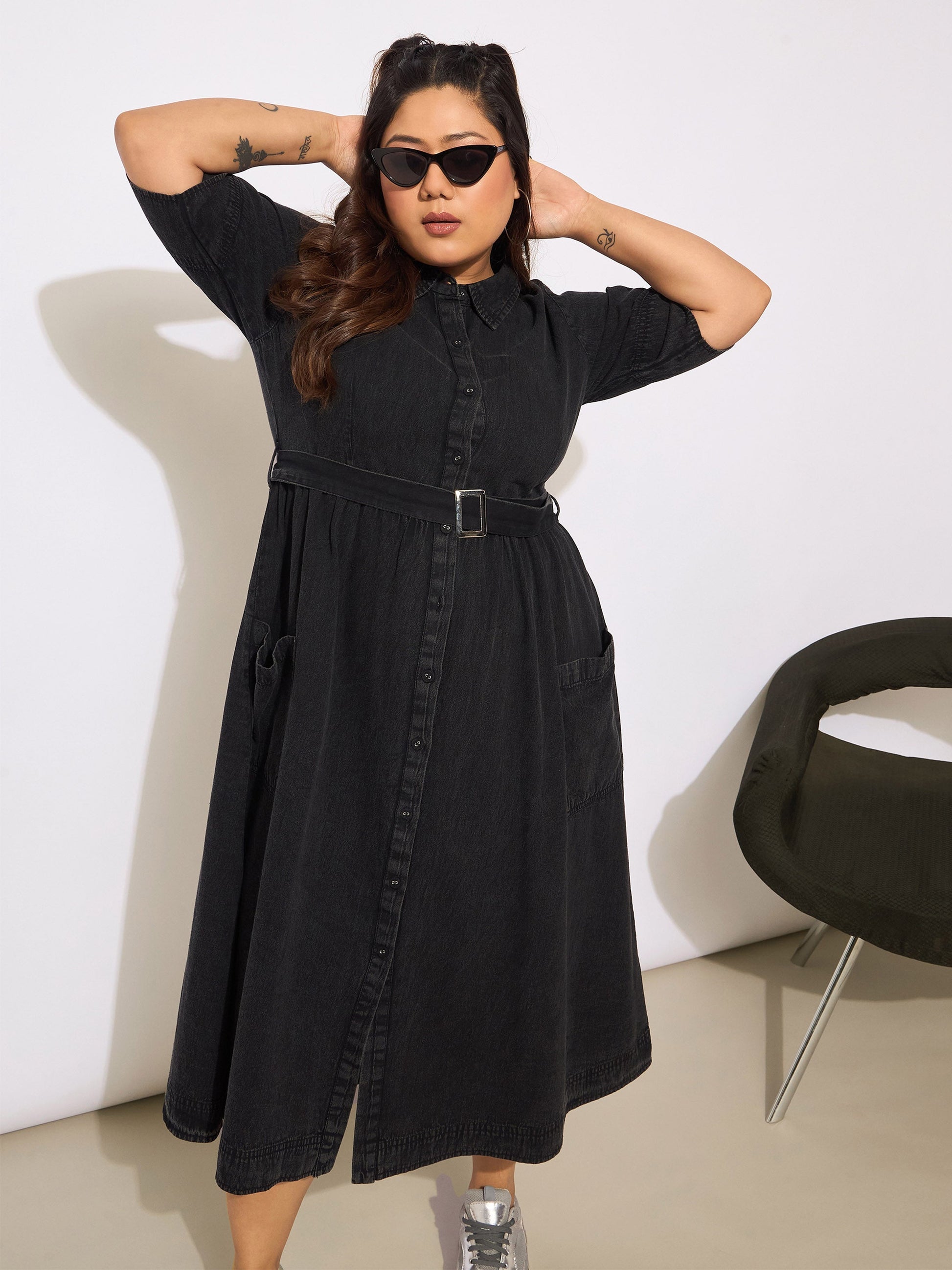 Plus size women's Black Tencel Black Tencel Front Button Midi Dress by Sassafras Curve for wholesale buyers, boutiques, resellers and bulk orders