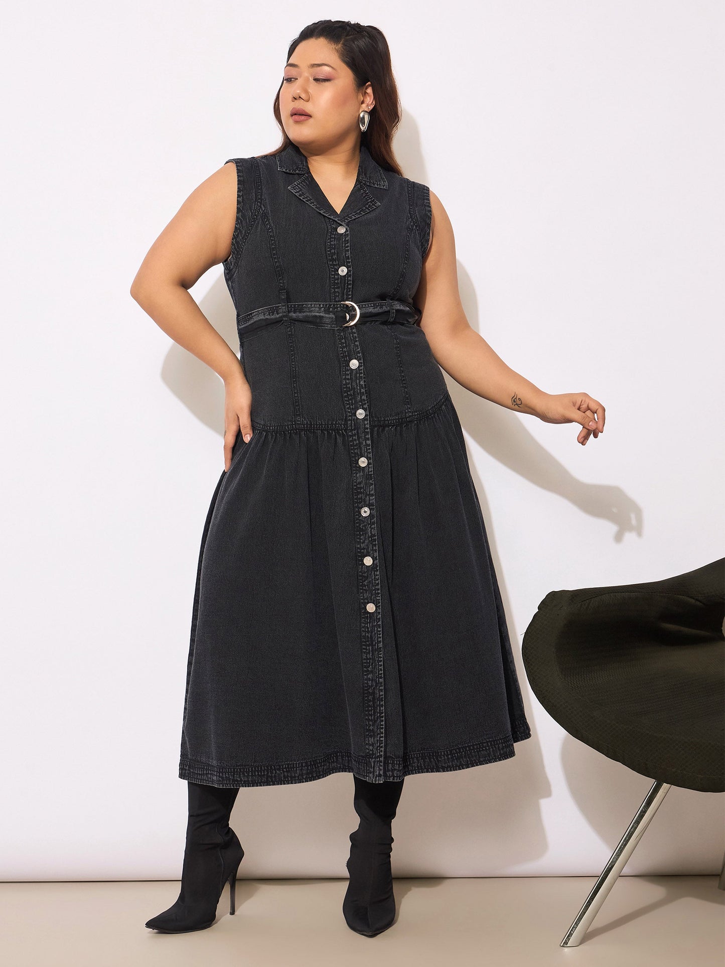 Black Tencel Front Open Sleeveless Flared Dress