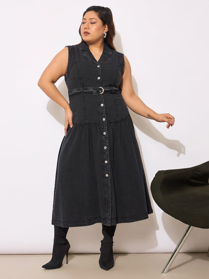 Black Tencel Front Open Sleeveless Flared Dress