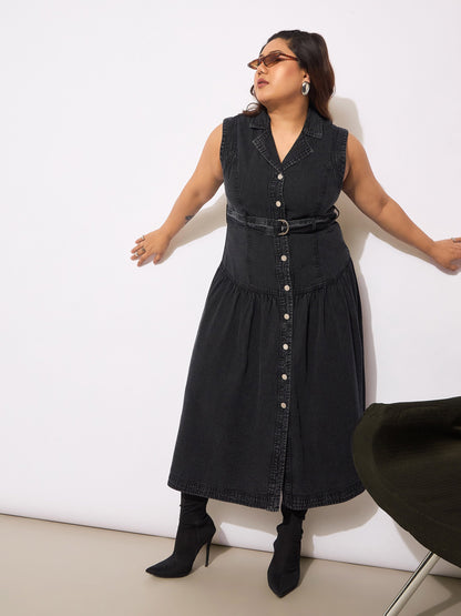 Black Tencel Front Open Sleeveless Flared Dress