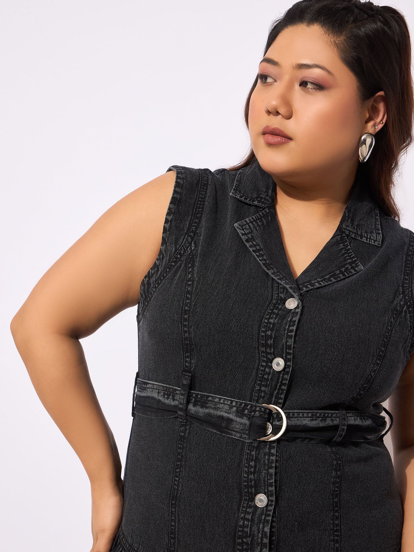 Black Tencel Front Open Sleeveless Flared Dress