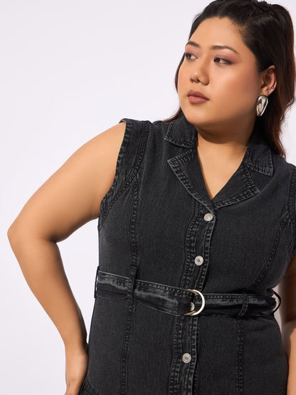 Black Tencel Front Open Sleeveless Flared Dress