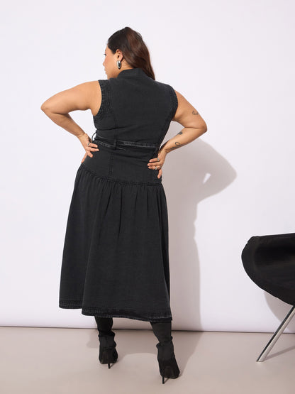 Black Tencel Front Open Sleeveless Flared Dress