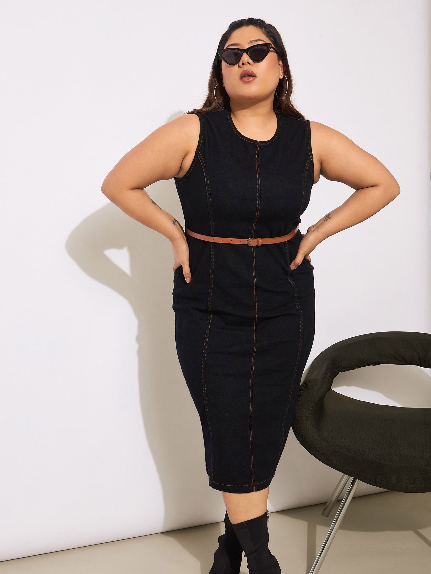 Black Denim Sleeveless Belted Bodycon Dress