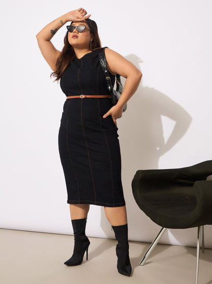 Black Denim Sleeveless Belted Bodycon Dress