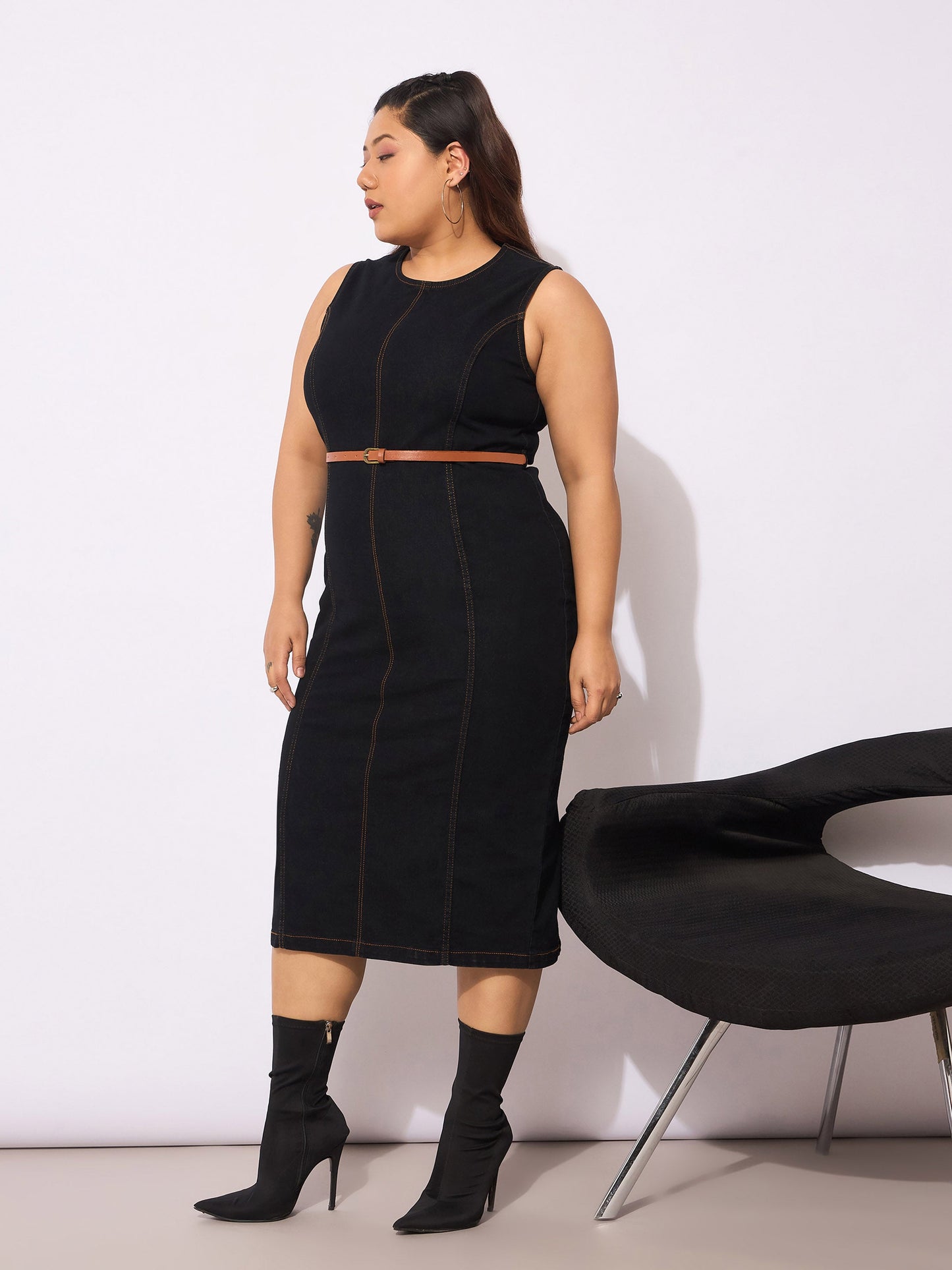 Black Denim Sleeveless Belted Bodycon Dress