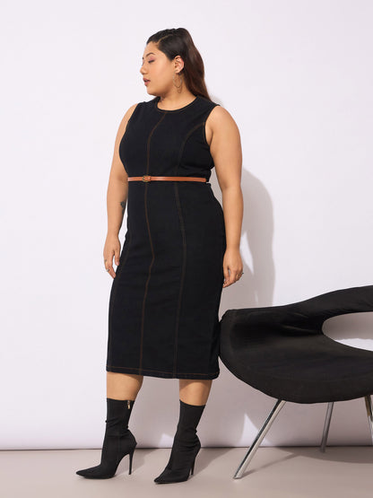 Black Denim Sleeveless Belted Bodycon Dress