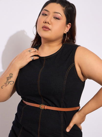 Black Denim Sleeveless Belted Bodycon Dress