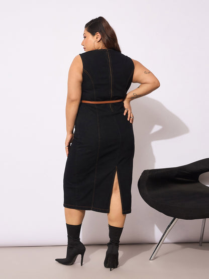 Black Denim Sleeveless Belted Bodycon Dress