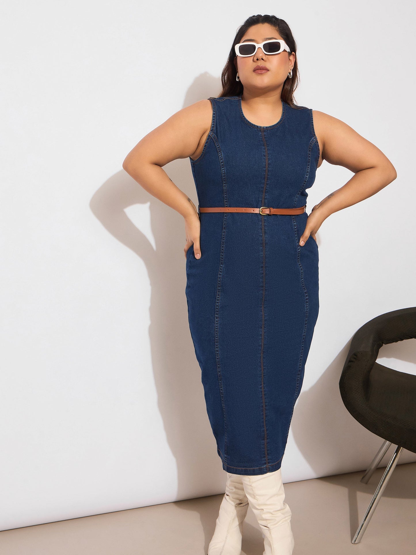 Navy Denim Sleeveless Belted Bodycon Dress