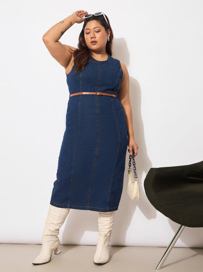 Navy Denim Sleeveless Belted Bodycon Dress