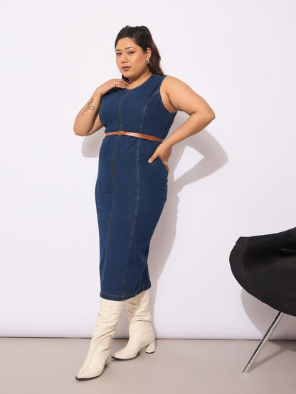 Navy Denim Sleeveless Belted Bodycon Dress