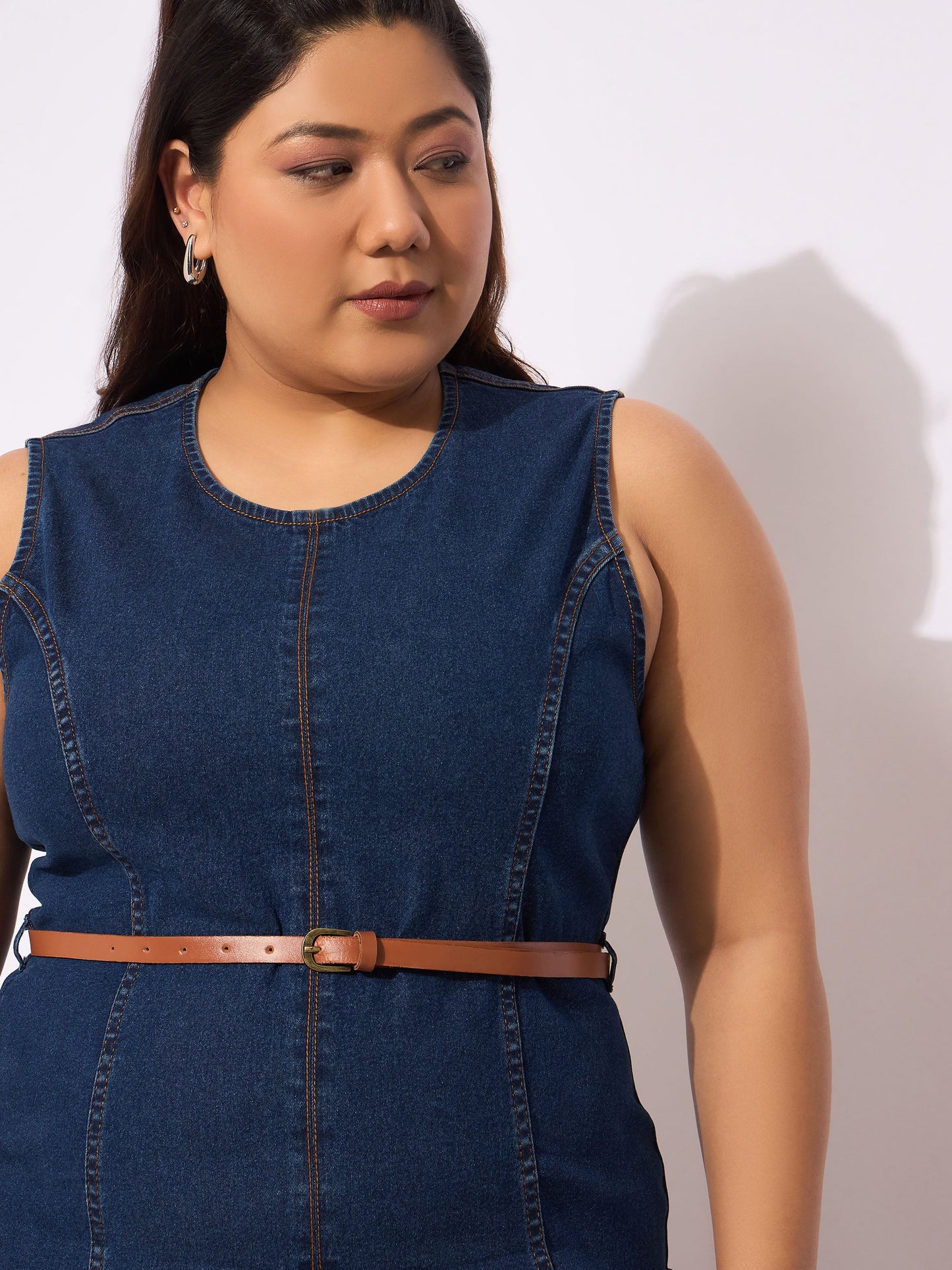 Navy Denim Sleeveless Belted Bodycon Dress