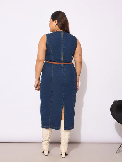 Navy Denim Sleeveless Belted Bodycon Dress