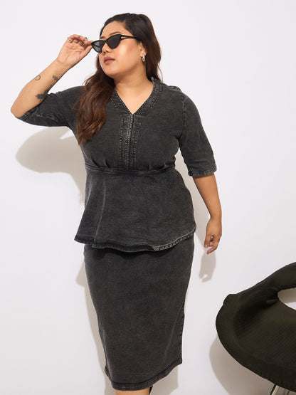 Plus size women's Black Denim Black Denim V Neck Front Peplum Dress by Sassafras Curve for wholesale buyers, boutiques, resellers and bulk orders