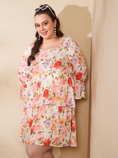 Plus size women's Beige Polyester Beige Floral Full Sleeves Short Dress by Sassafras Curve for wholesale buyers, boutiques, resellers and bulk orders