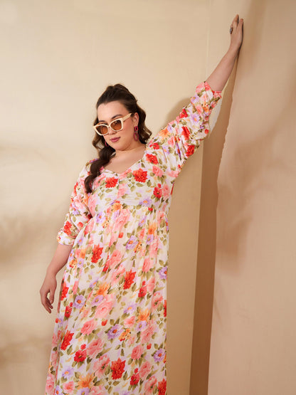 Beige Floral Rouching Sleeves Midi Dress