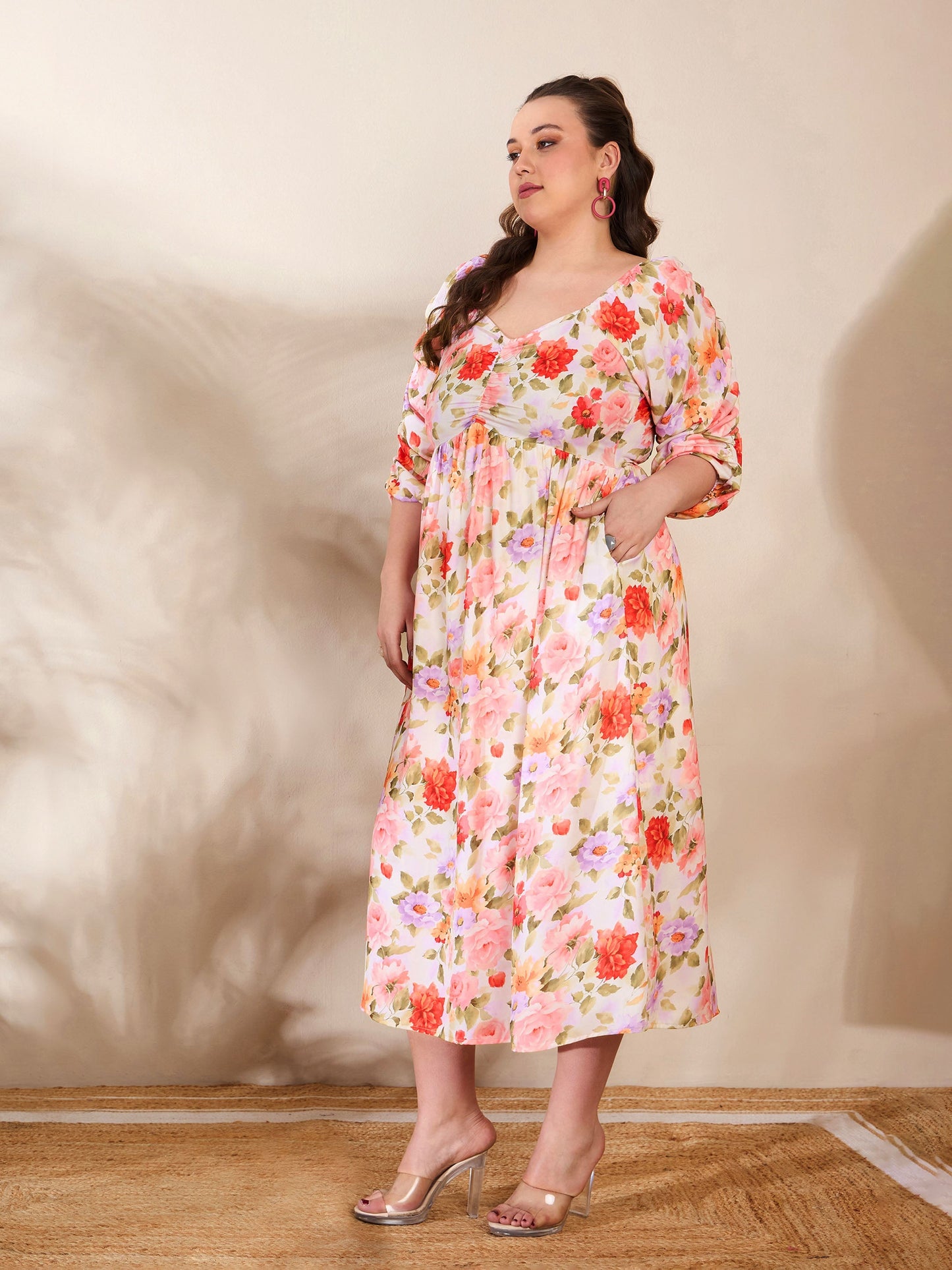 Beige Floral Rouching Sleeves Midi Dress