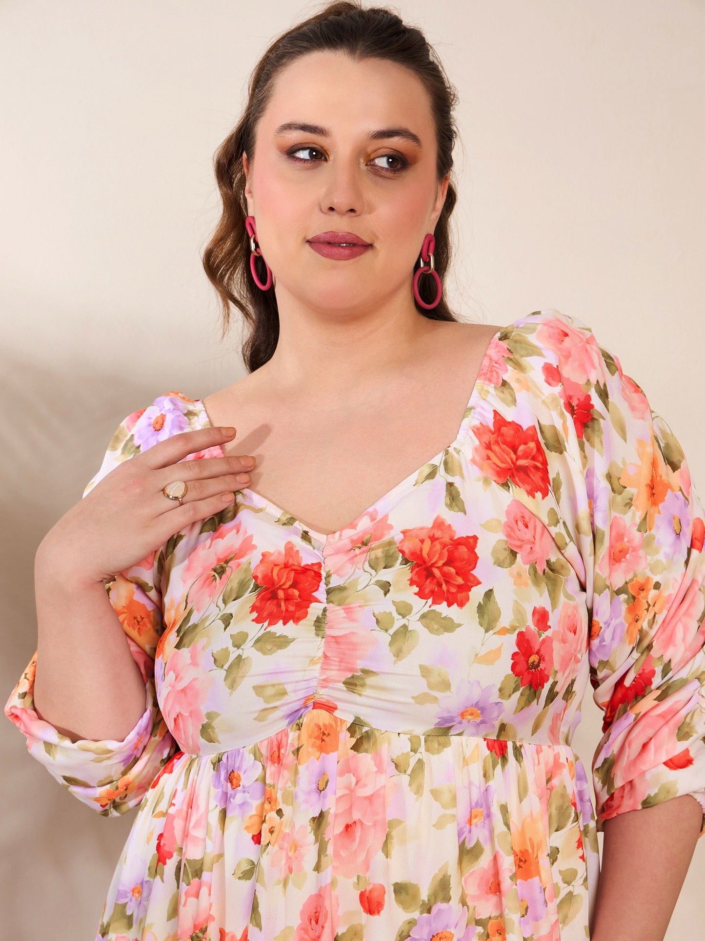 Beige Floral Rouching Sleeves Midi Dress