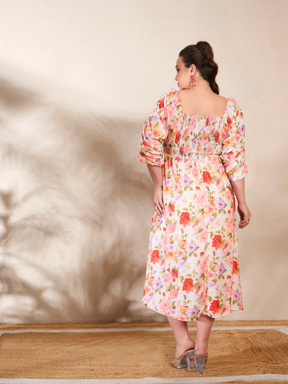 Beige Floral Rouching Sleeves Midi Dress