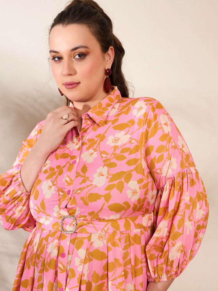 Pink Floral Collar Neck Midi Dress-SASSAFRAS Curve