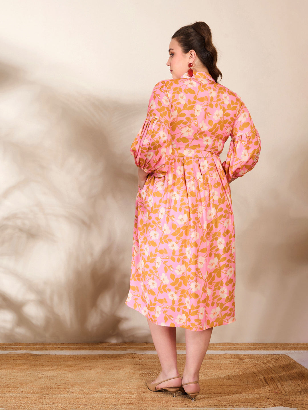 Pink Floral Collar Neck Midi Dress-SASSAFRAS Curve