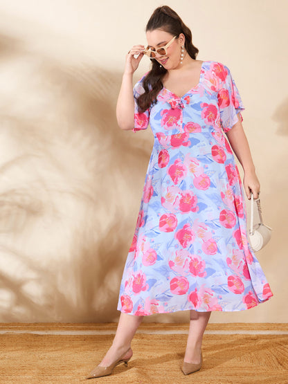 Blue Floral Front Tie Up Detail Midi Dress