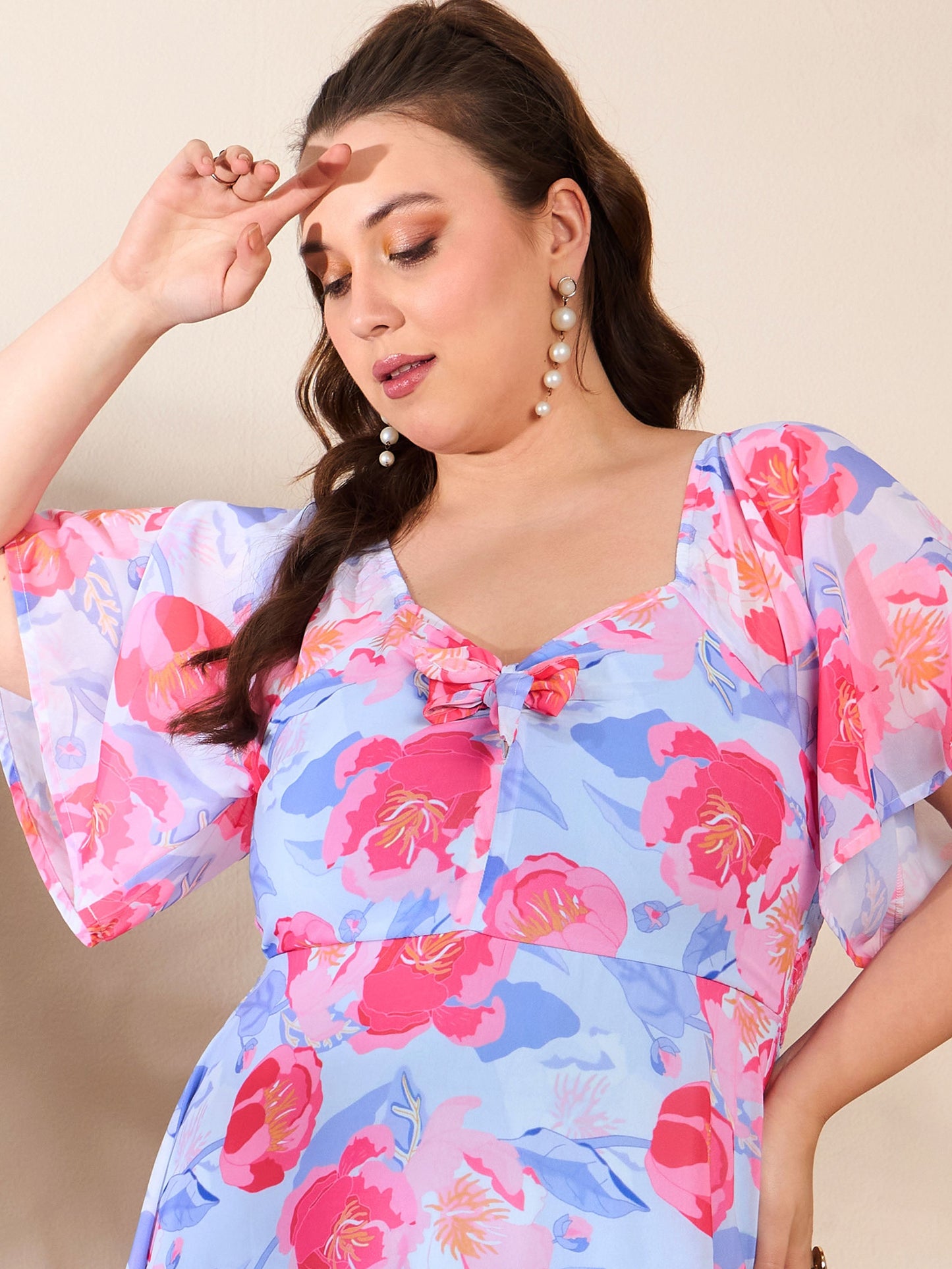 Blue Floral Front Tie Up Detail Midi Dress