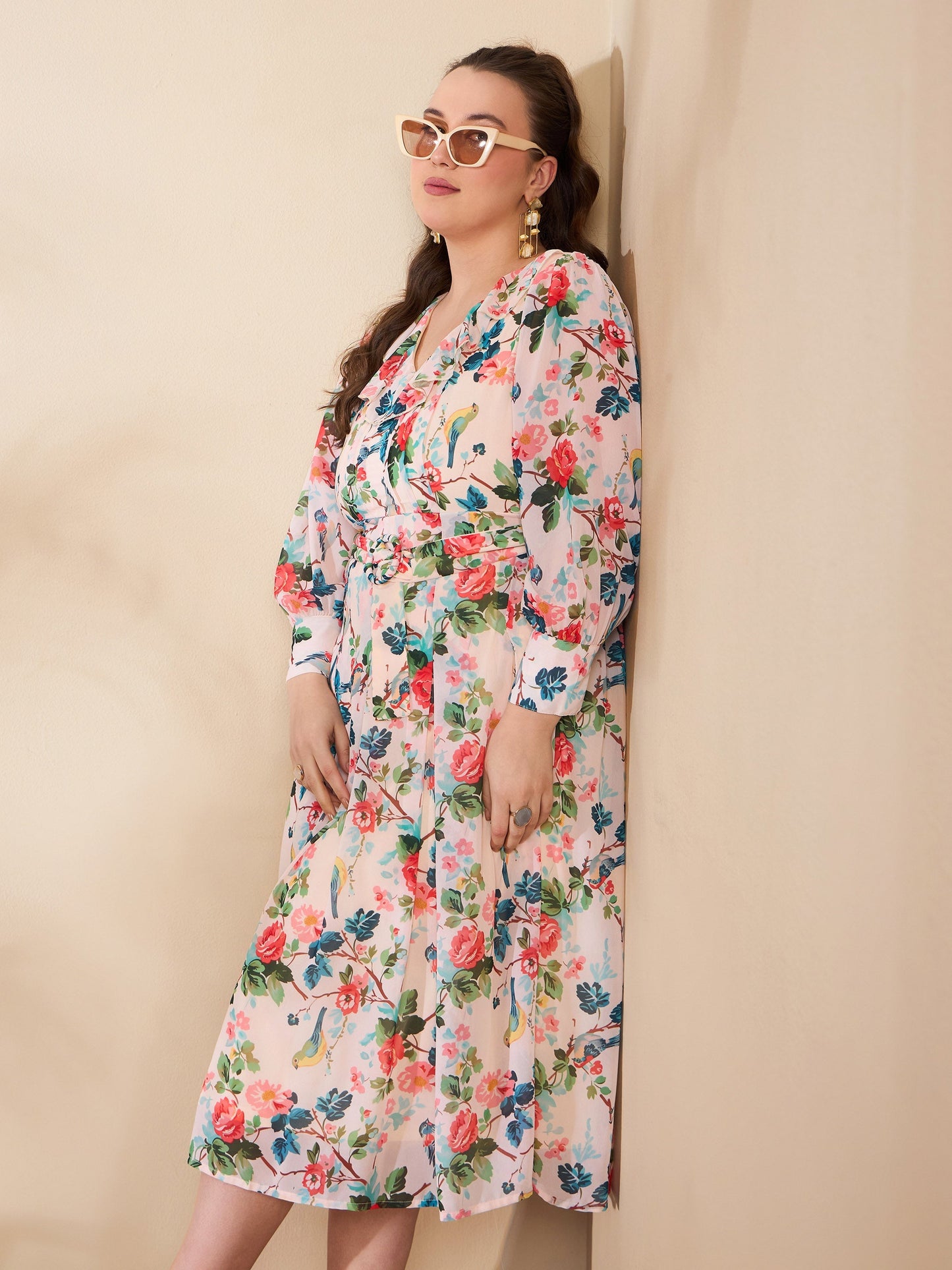 Beige Floral Frill Neck Midi Dress