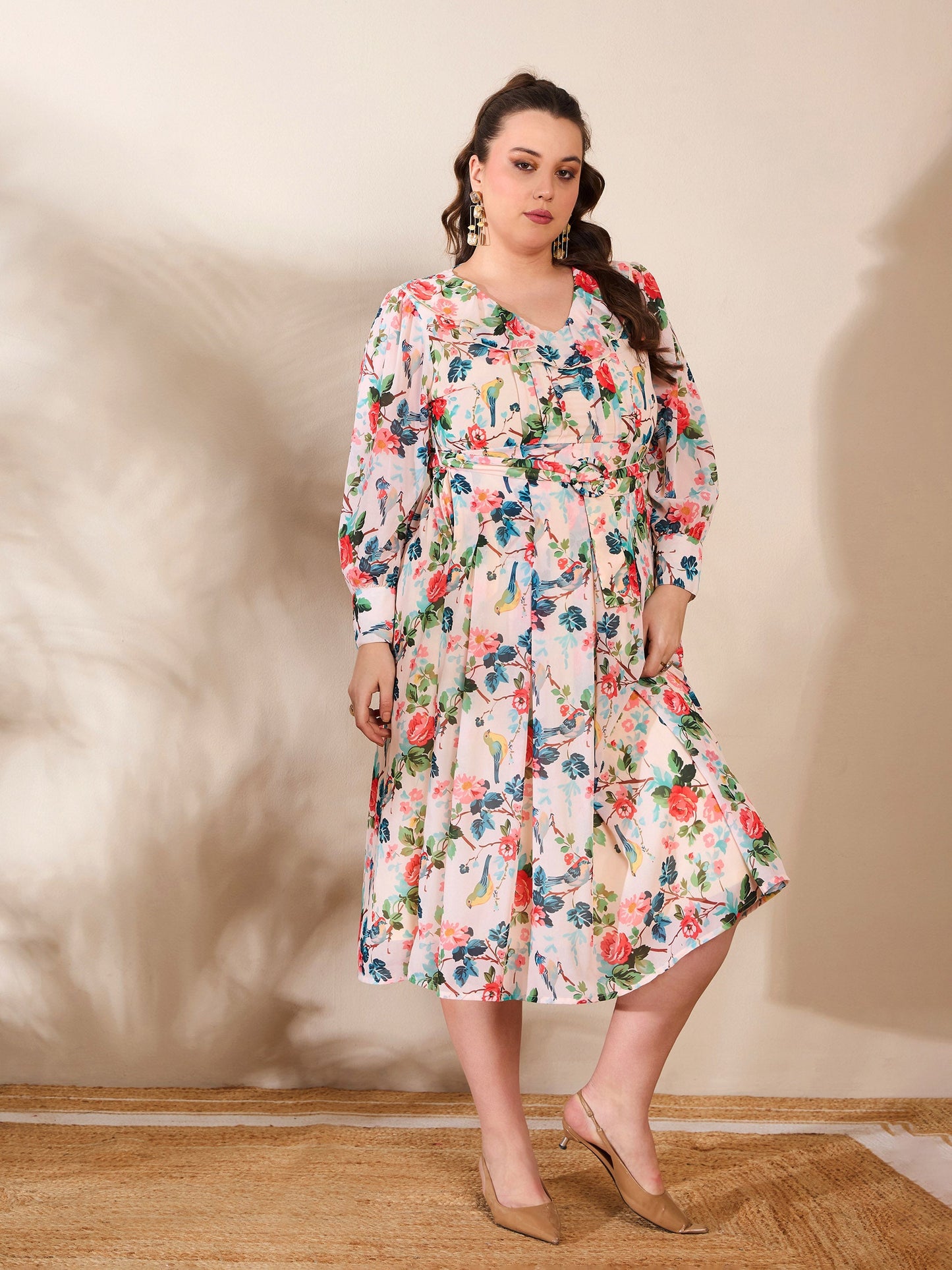 Beige Floral Frill Neck Midi Dress