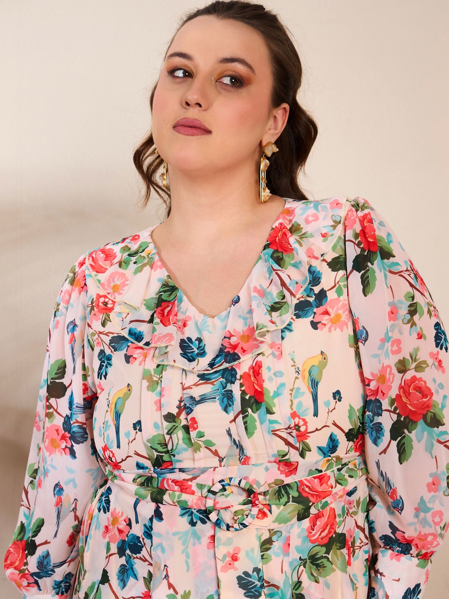 Beige Floral Frill Neck Midi Dress
