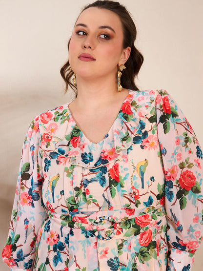 Beige Floral Frill Neck Midi Dress