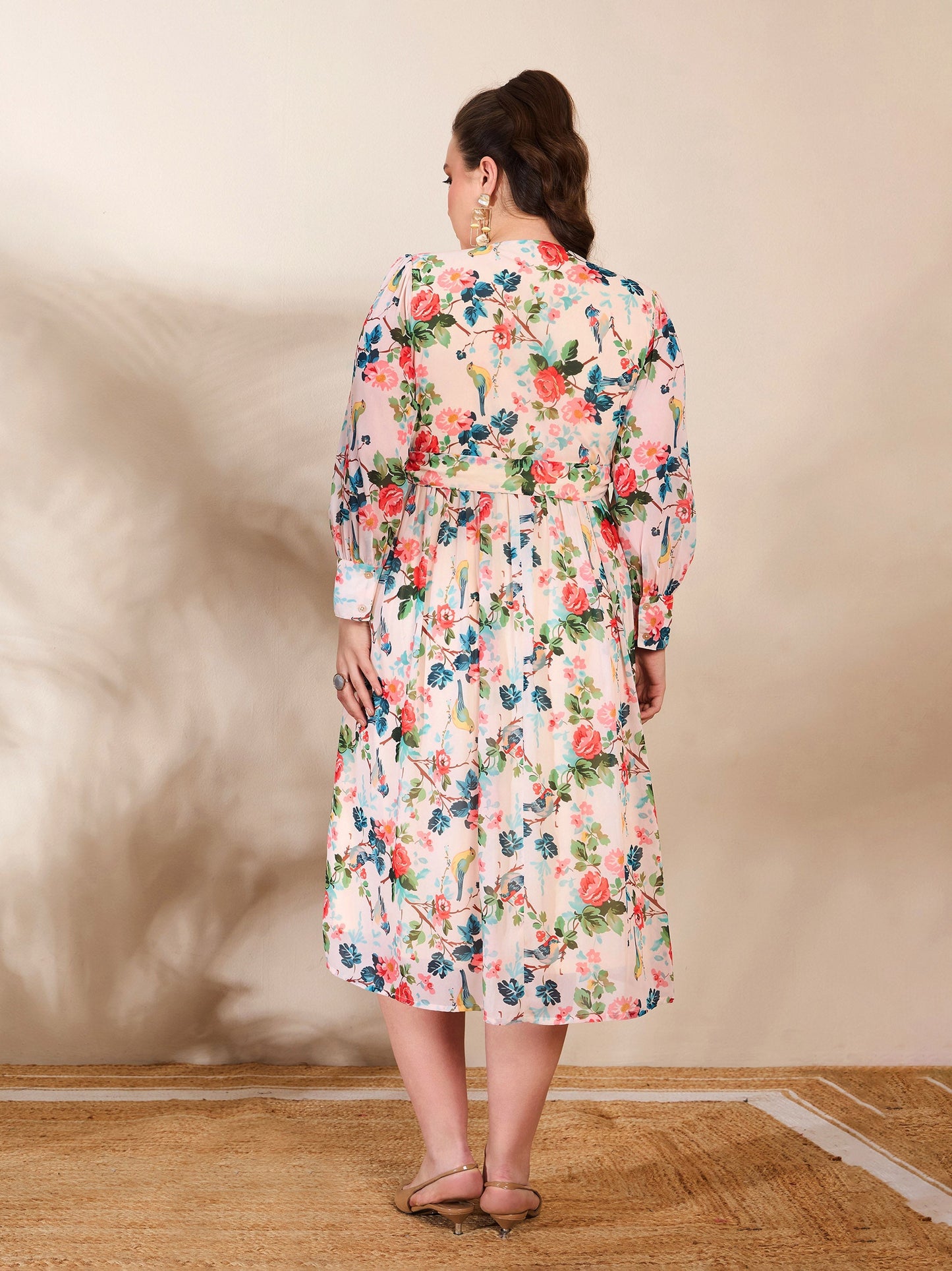 Beige Floral Frill Neck Midi Dress