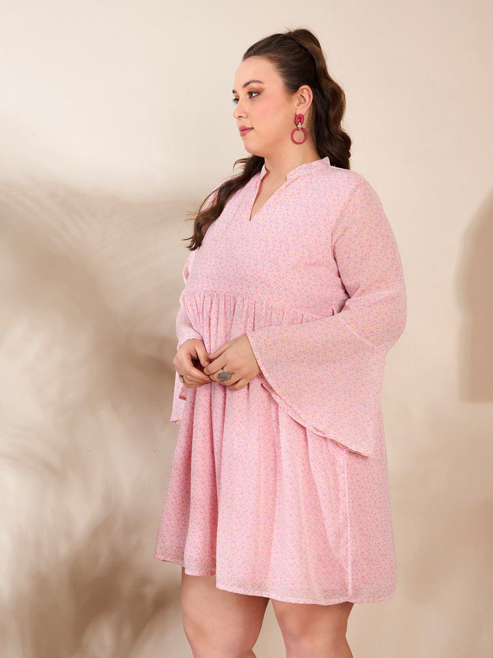 Pink Ditsy Floral V Neck Knee Length Dress-SASSAFRAS Curve