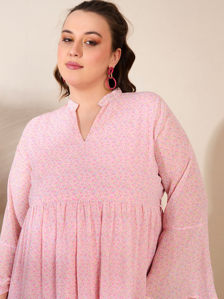 Pink Ditsy Floral V Neck Knee Length Dress-SASSAFRAS Curve