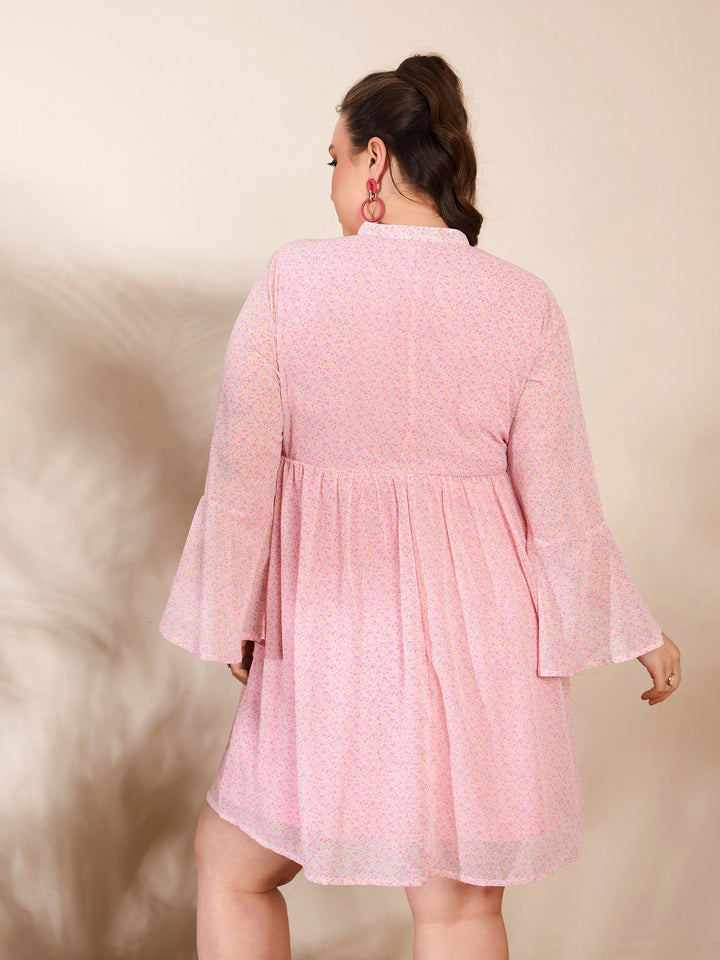 Pink Ditsy Floral V Neck Knee Length Dress-SASSAFRAS Curve